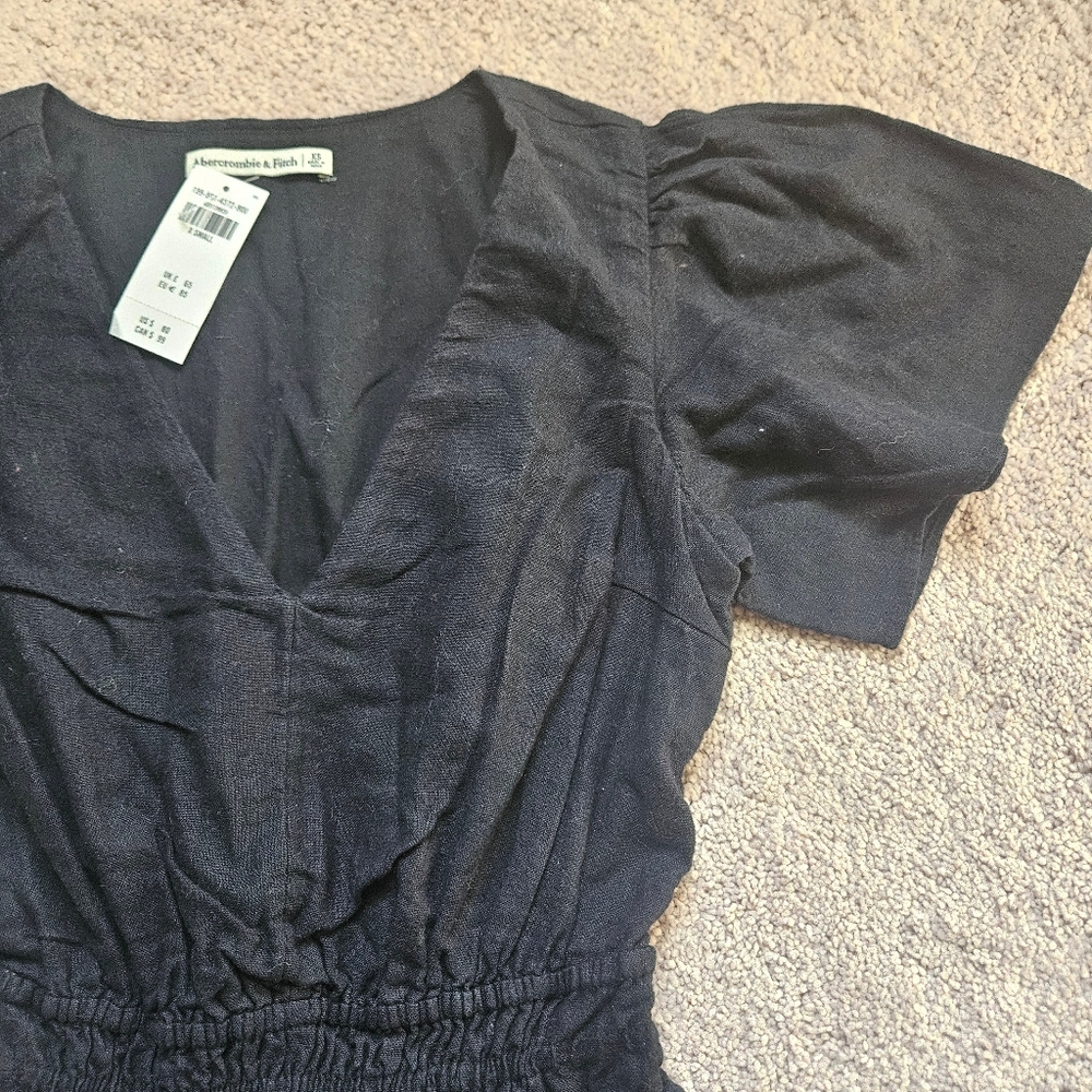 Abercrombie & Fitch NWT Black Linen Blend V Neck Dress XS Cinched Waist Pockets